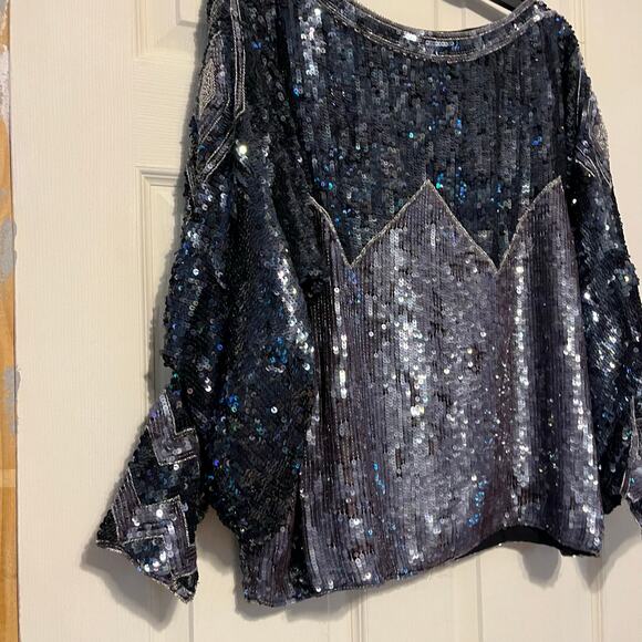 Vintage Judith Ann Creations Silk Sequin Top Large Art Deco Party Glam 80s Retro - Picture 1 of 7